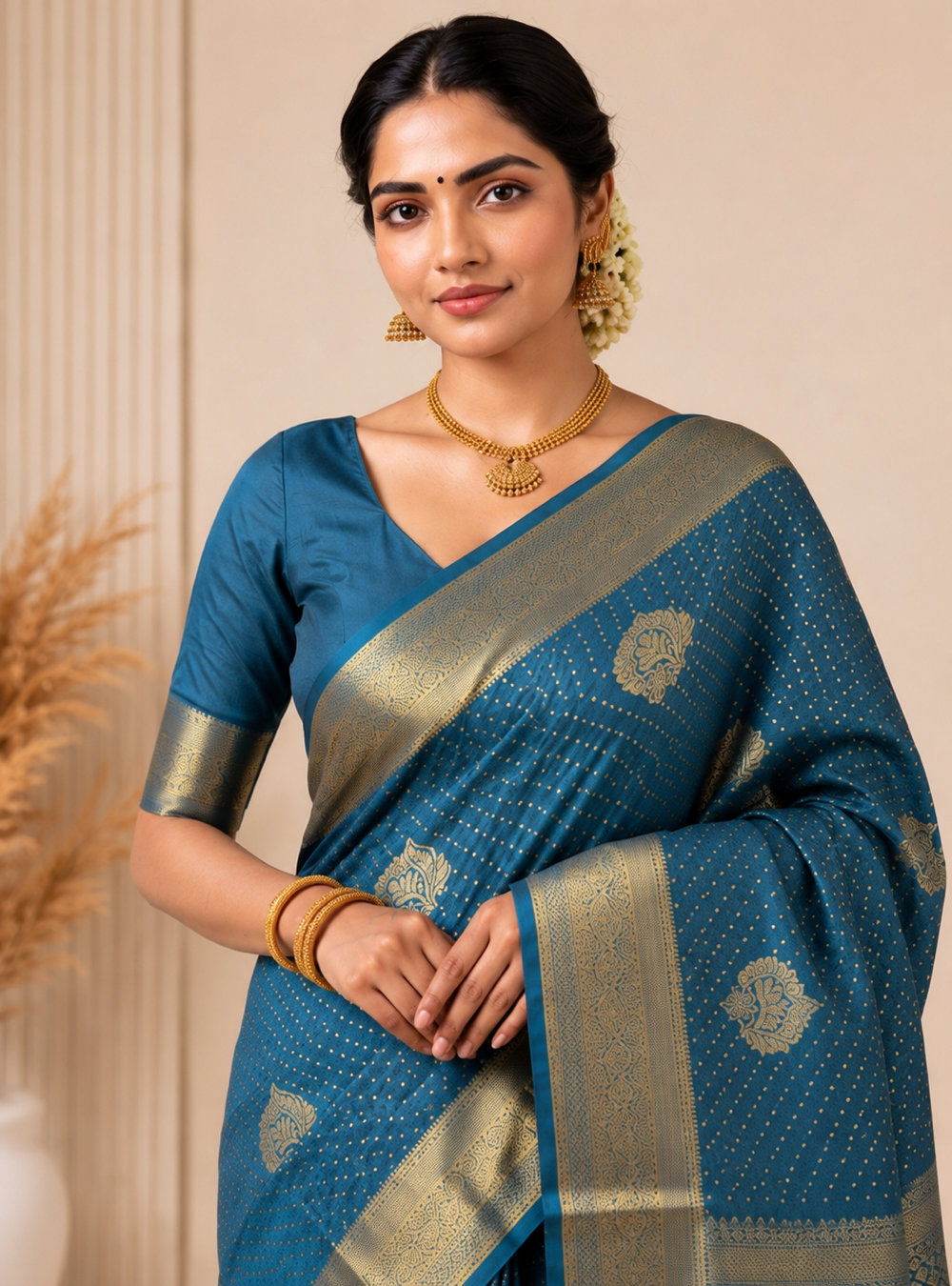 Royal Teal Blue Semi-Silk with All Over Golden Zari Weaving