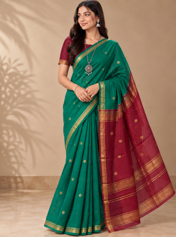 Premium Maheshwari Silk Cotton Saree _Emerald Green with Contrast Wine Pallu & Blouse