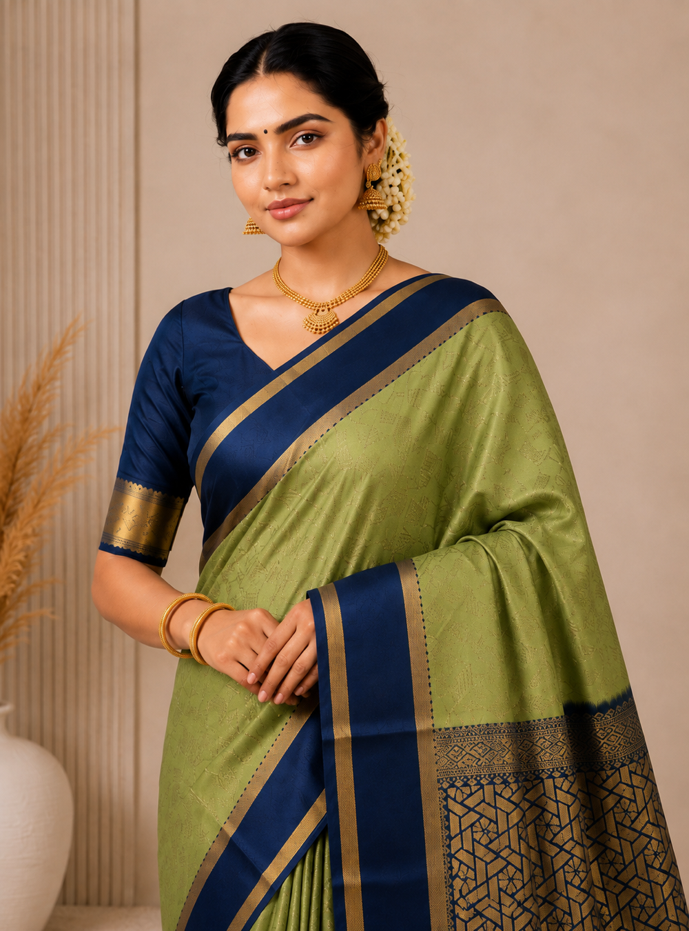 Semi Kanchipuram Soft Silk Saree – Olive Green & Navy Blue Elegance