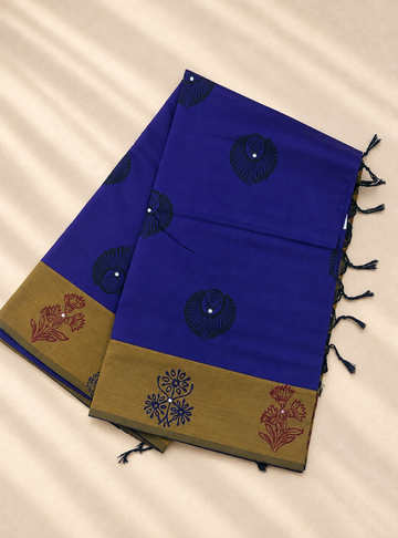 South Cotton Saree _ Royal Purple Colour with  Hand Block Print