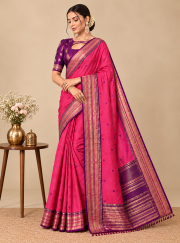 Raw Silk Saree _Rani Pink Colour with Contrast Pallu &  Double-Sided Woven Border