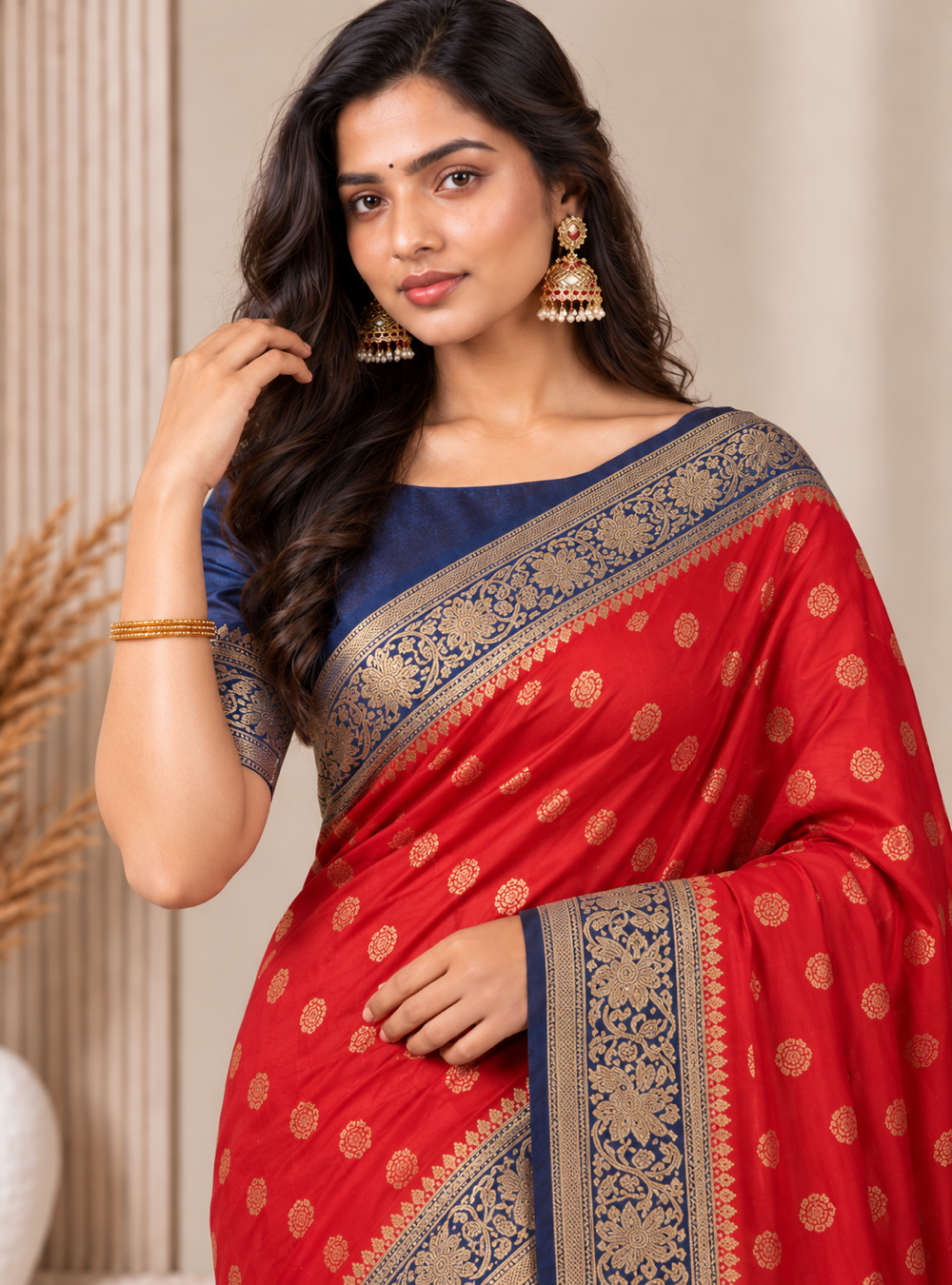 Deep Red Color Semi Georgette Banarasi Silk Saree with Navy Blue Border