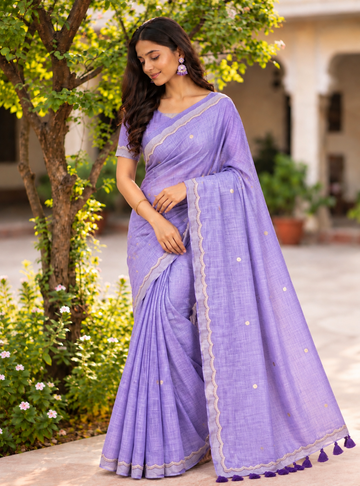 Mul Cotton Saree _ Lavender Purple Delicate Golden Border & Tassel Pallu