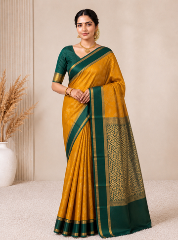 Sunny Mustard Yellow with Bottle Green Colour Semi Kanhivaram Silk