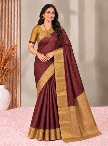 Tusser Silk Saree _ Premium Maroon With Rich Golden Border & Contrast Pallu