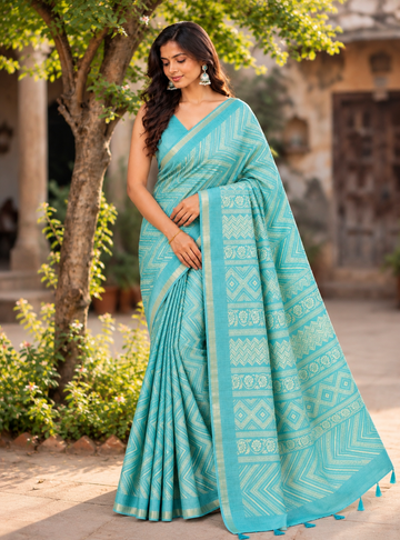 Printed Tusser Silk Saree With Turquoise Blue | Designer Pallu