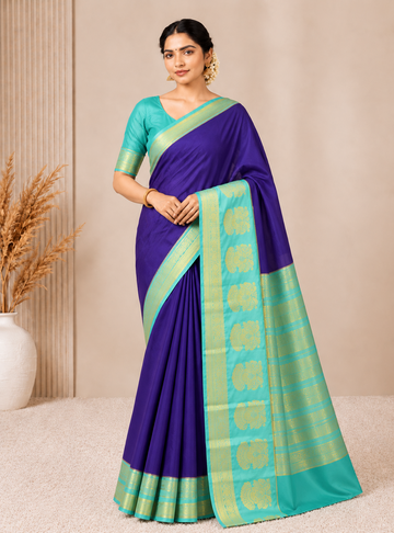 Mysore Semi-Crepe Silk Saree _ Royal Purple with Gandaberunda Zari Weaving