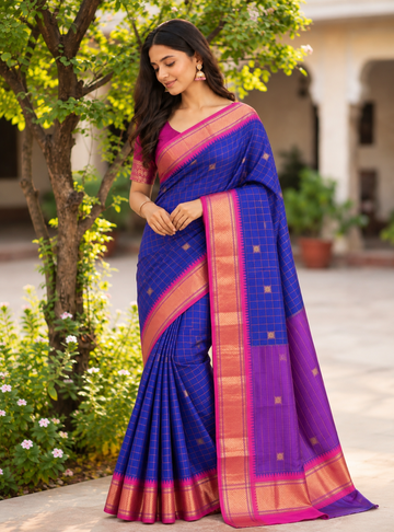 Gadwal Silk Saree _ Royal Blue with Pink Colour Temple Border