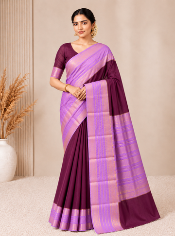Semi-Crepe Silk Saree _ Wine & Lavender with Rich Golden Zari Weaving
