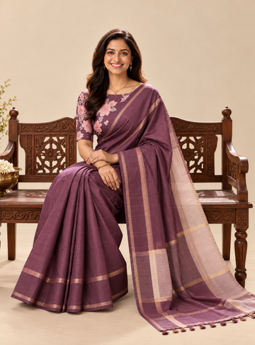 Matka Tussar Silk Saree _ Wine Purple Colour with Floral Print Blouse