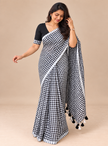 Premium 120 Count Mul Cotton Saree – Black & White Checks