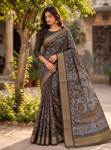Printed Crepe Saree _ Chocolate Brown Colour with Binny Silk Border