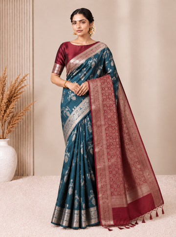 Chanderi Silk Cotton Saree Teal Blue With Maroon _  Contrast Pallu & Thread Weaving