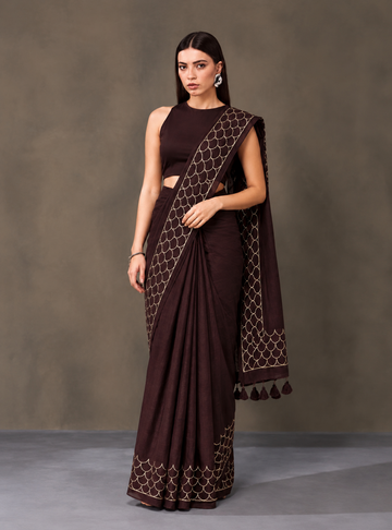 120 Count Mul Cotton Saree – Chocolate Brown with Silver Scallop Border