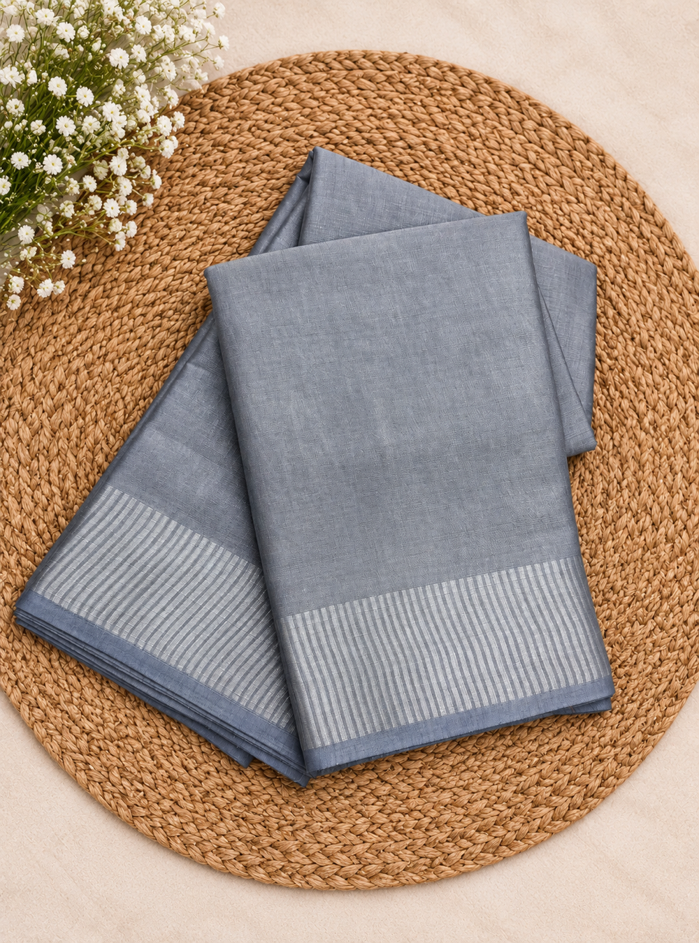 Soft Tissue Mul Cotton Saree _ Powder Blue Color with Striped Border