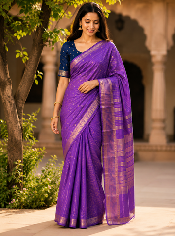 Semi Crepe Silk Saree _ Elegant Purple With All-Over Golden Zari Weaving
