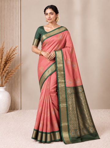 Silk Cotton Saree _ Coral Pink With Green Zari Border