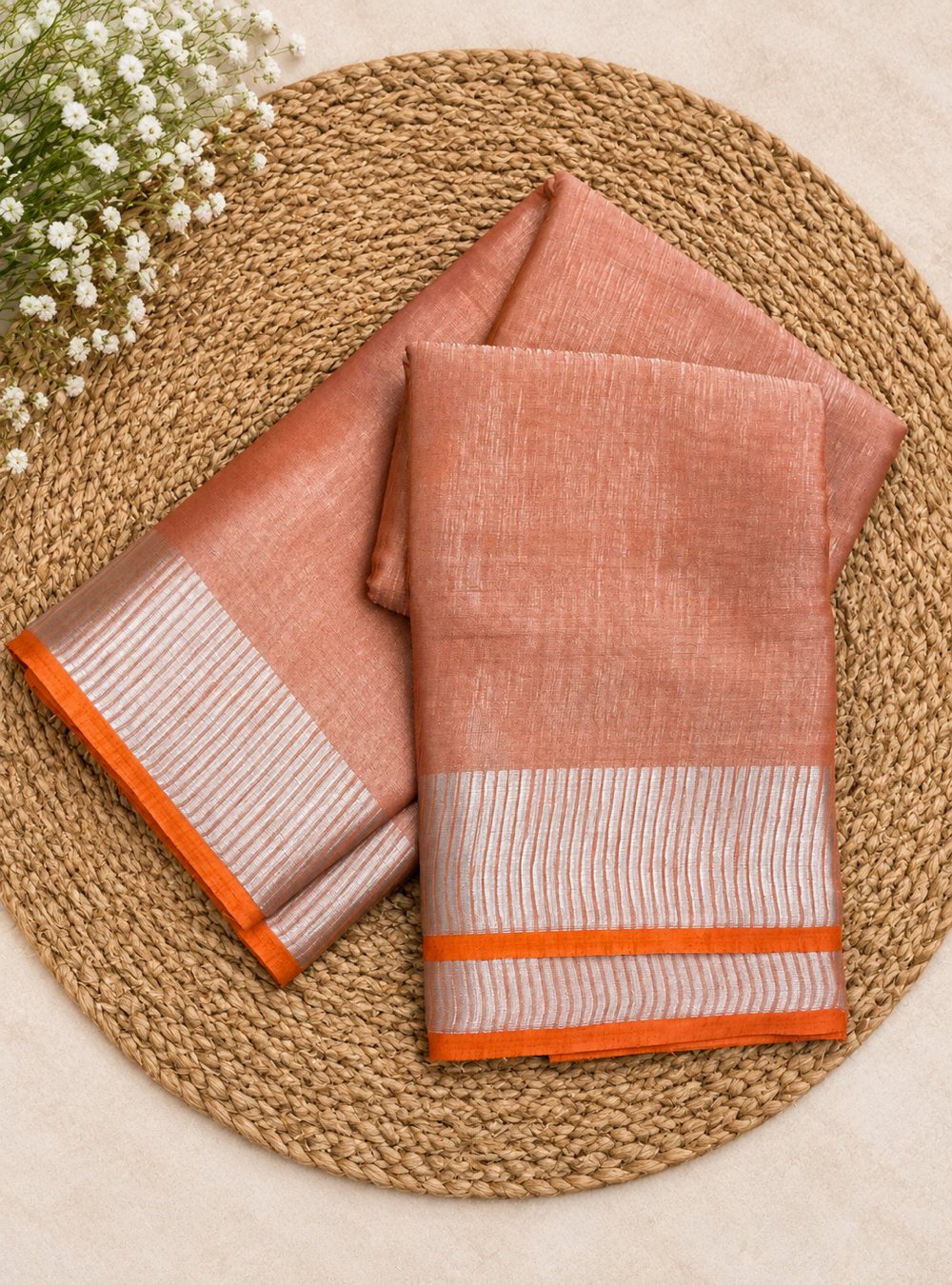 Soft Tissue Mul Cotton Saree _Peach Colour with Striped Border