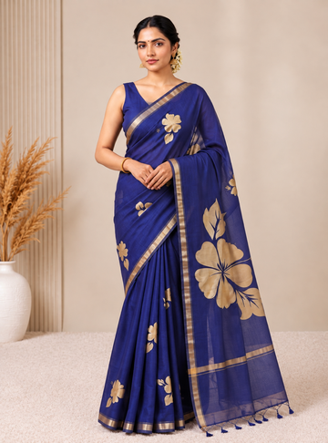 120 Count Mul Cotton Saree _ Royal Blue with Gold Floral Motifs