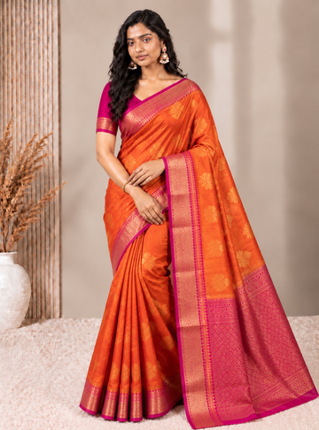 Banarasi Silk Saree _Orange & Rani Pink With Peacock Motif