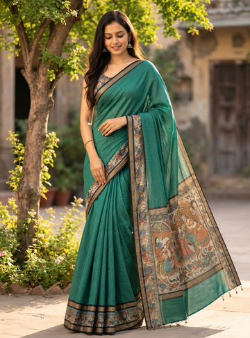 Teal Green Chanderi Cotton Saree with Scenic Printed Border