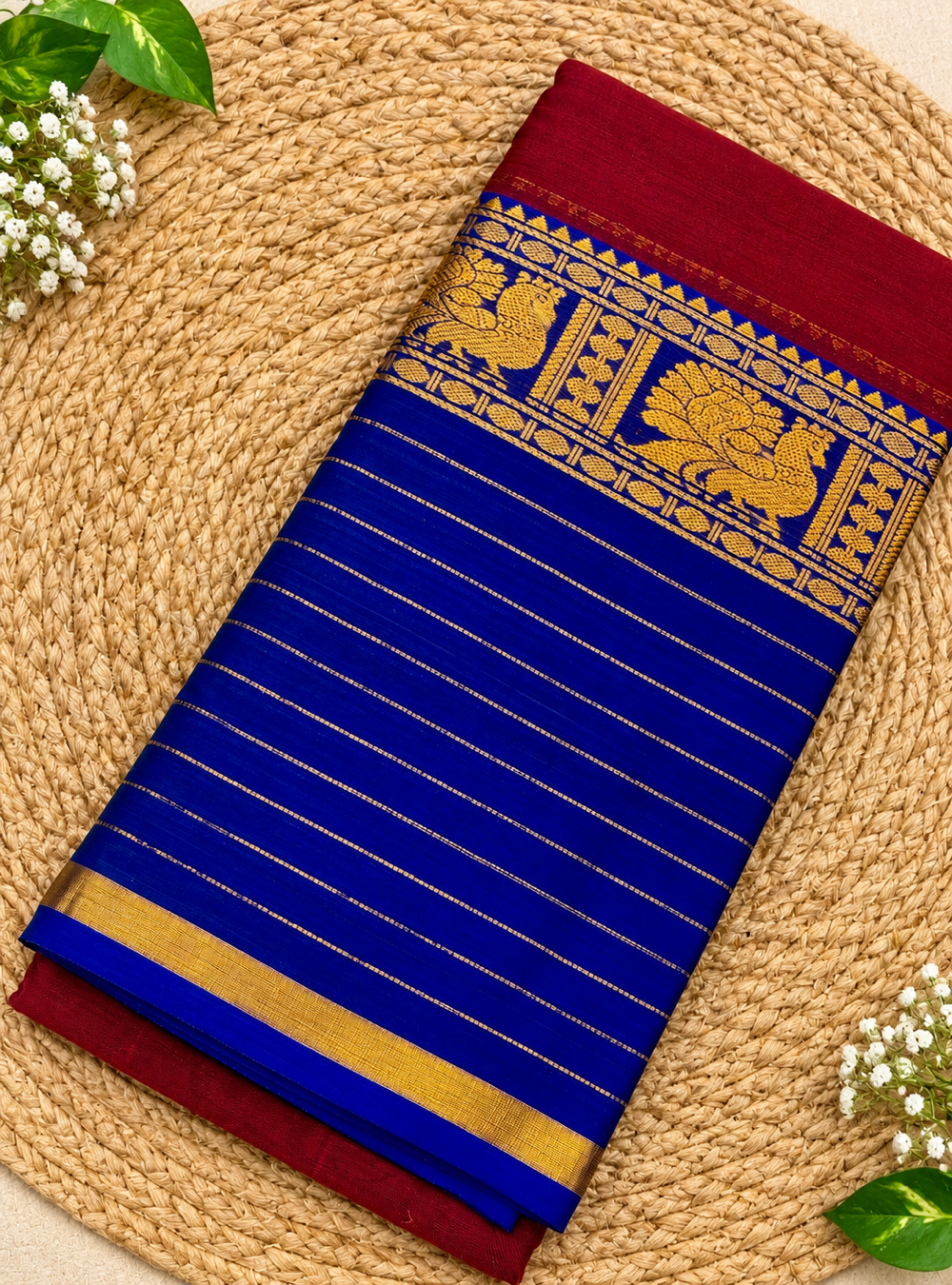 Narayanpeth Cotton Saree With Traditional Border – Maroon & Royal Blue