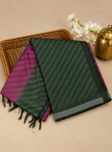 Bhagalpuri Silk Saree _ Bottle Green with Magenta & Self woven pattern
