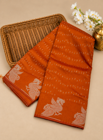 Semi Tussar Silk Saree _ Rust Orange with Self Weave Pattern