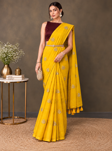 120 Count Mul Cotton Saree _ Mustard Yellow with Embellished Buttas