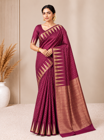 Tussar Silk Saree _ Rich Magenta Pink With Temple Border