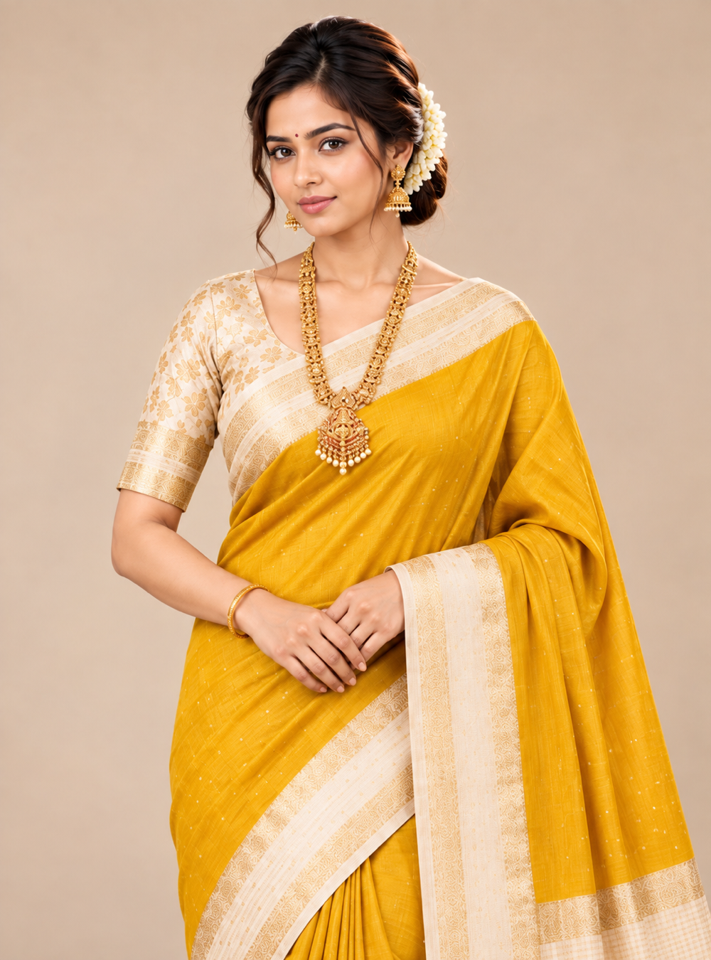 Semi Mysore Crepe Silk Saree _ Turmeric Yellow & cream With Bentex Border