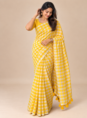 Premium 120 Count Mul Cotton Saree – Yellow & White Checks