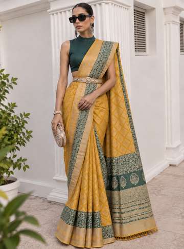 Tussar Silk Saree _ Mustard Yellow with Teal Green Printed Border