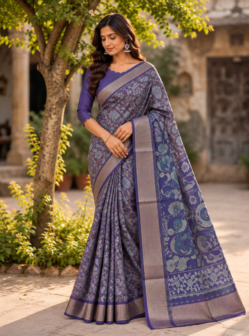 Printed Crepe Saree  _Purple Colour with Binny Silk Floral Design