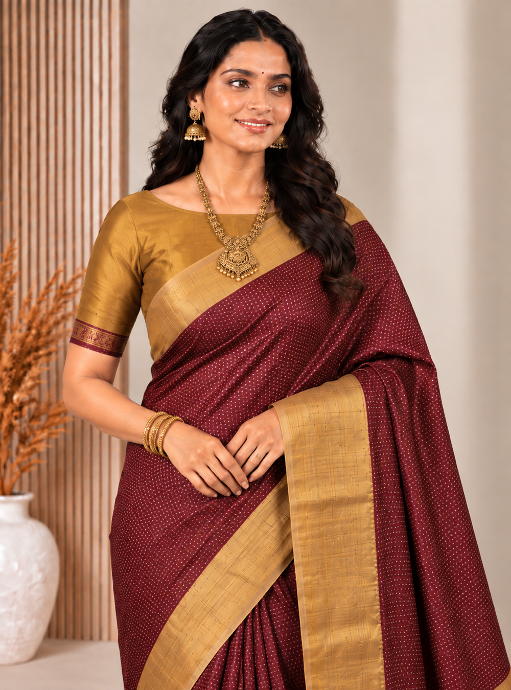 Tusser Silk Saree _ Premium Maroon With Rich Golden Border & Contrast Pallu