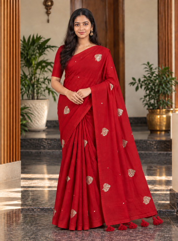 120 Count Mul Cotton Saree _ Rich Crimson Red / Deep Red  Elegant Sequin Work