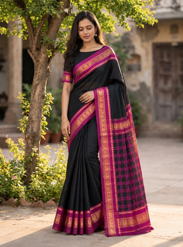 Chettinad Cotton Saree _ Black & Magenta With Traditional Border