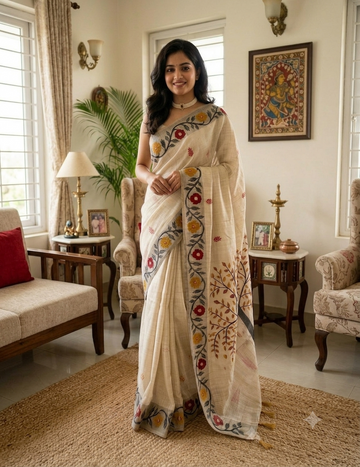 🤍 Elegant Ivory Floral Chandari Cotton Saree with Motif  🤍