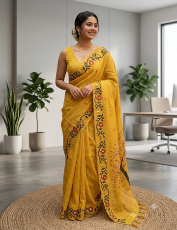 🌼 Mustard Yellow Floral Printed Saree 🌼