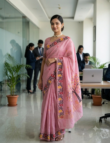 Elegant Blush Pink Cotton Saree with Hand-Painted Floral Kalamkari Border