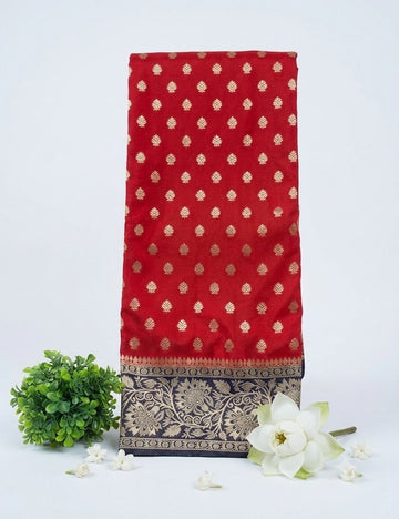 Deep Red Color Semi Banarasi Silk Saree with Navy Blue Border