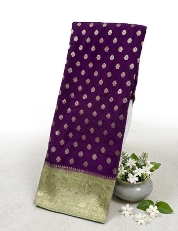 Plum Purple Color Semi Banarasi Silk Saree with pista-green and gold floral border