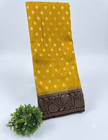 Mustard yellow Color Semi Banarasi Silk Saree with Rich Black & Gold Floral Border