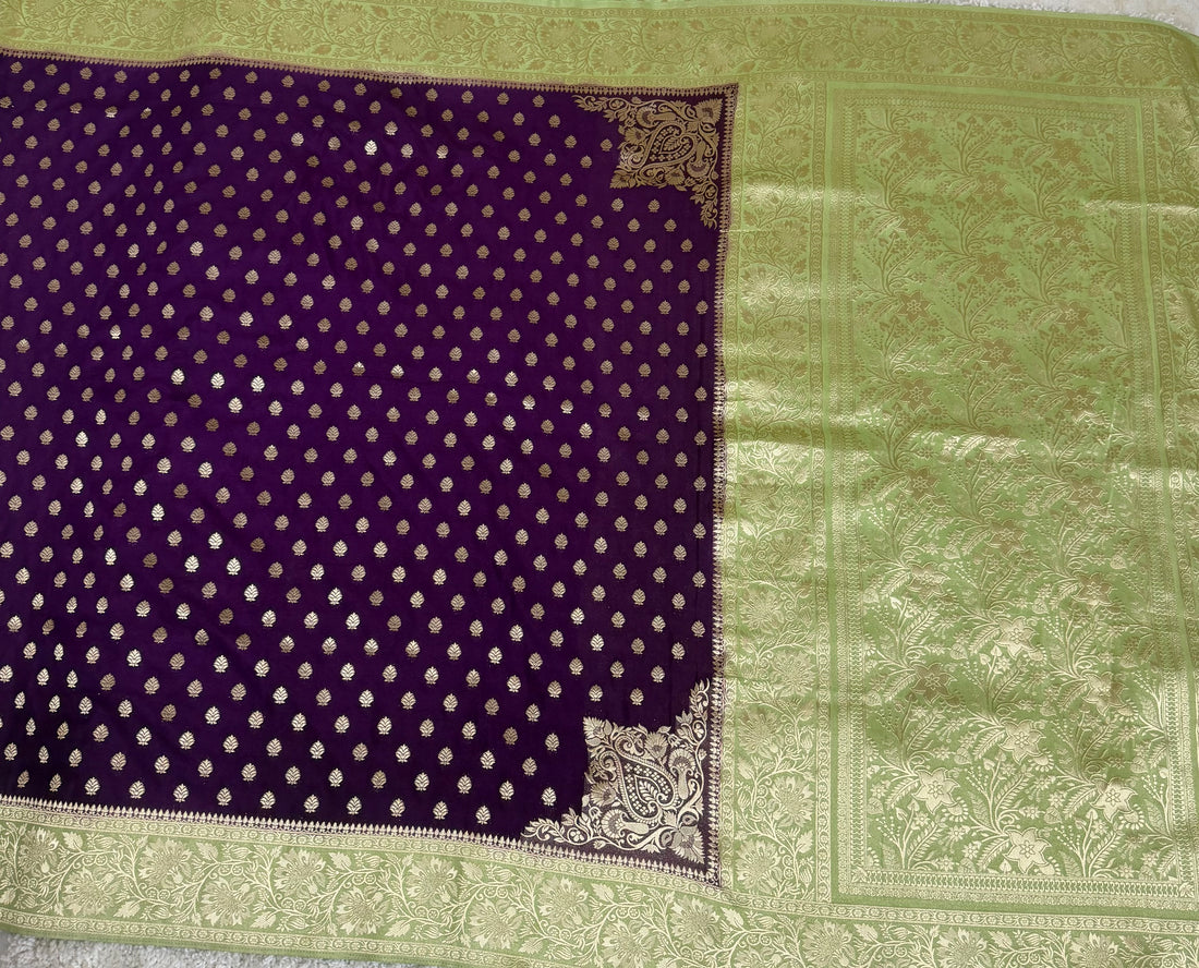 Plum Purple Color Semi Banarasi Silk Saree with pista-green and gold floral border