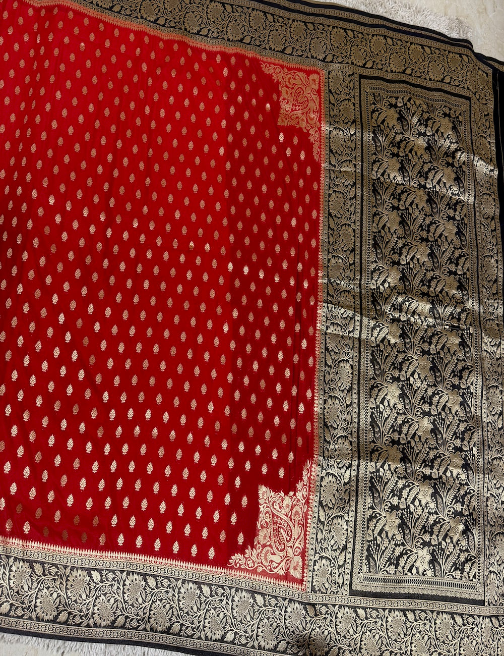 Deep Red Color Semi Banarasi Silk Saree with Navy Blue Border