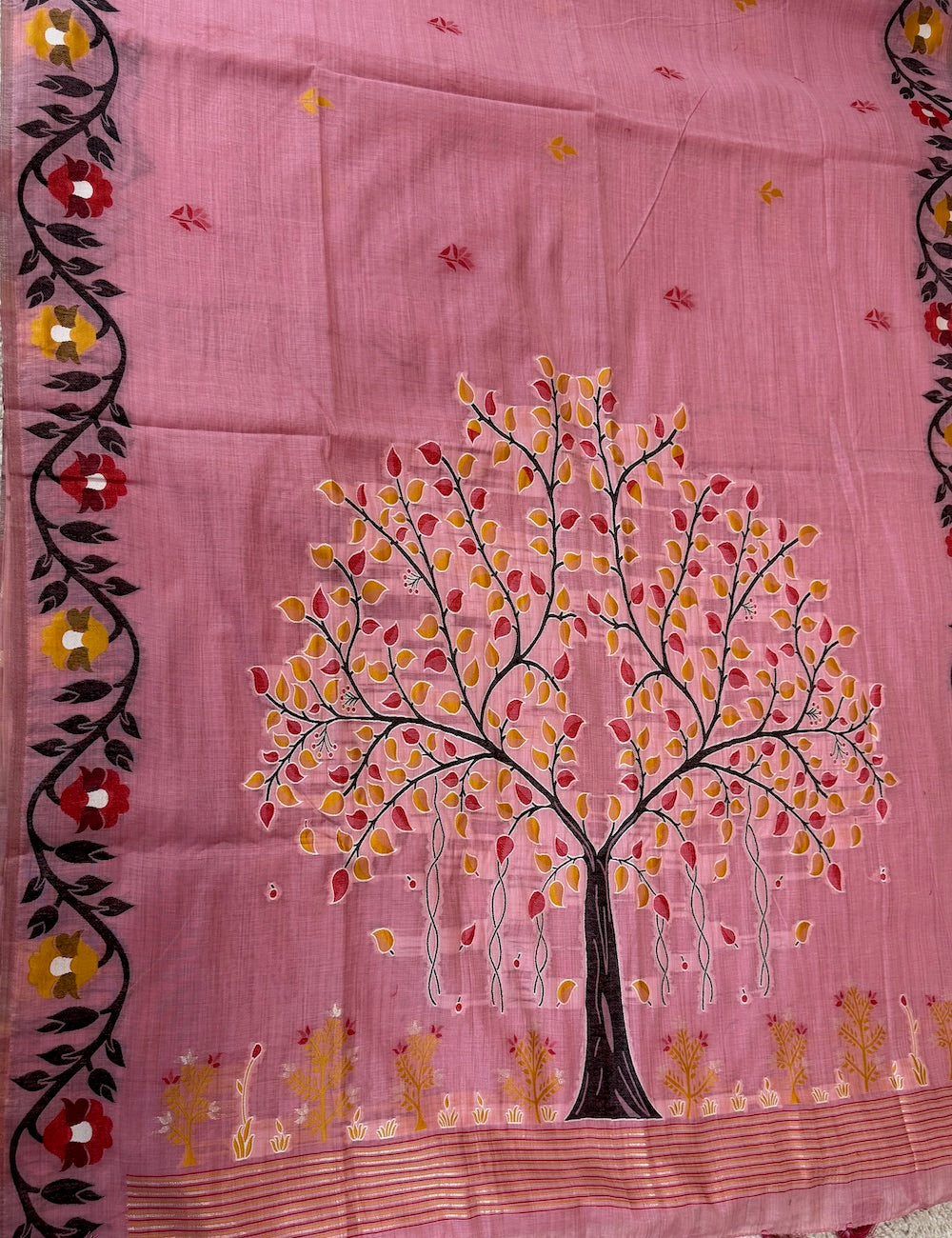 Linen Cotton Saree _ Elegant Blush Pink with Hand-Painted Floral Kalamkari Border
