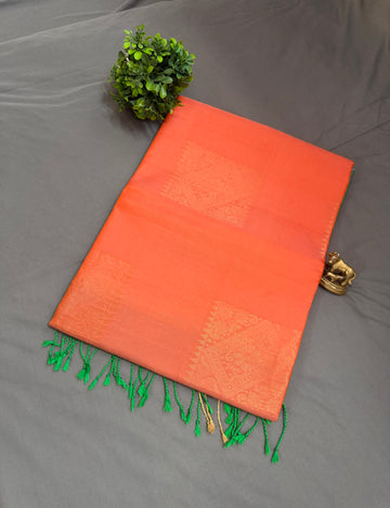 Coral Orange & Teal Blue Pure Silk Saree