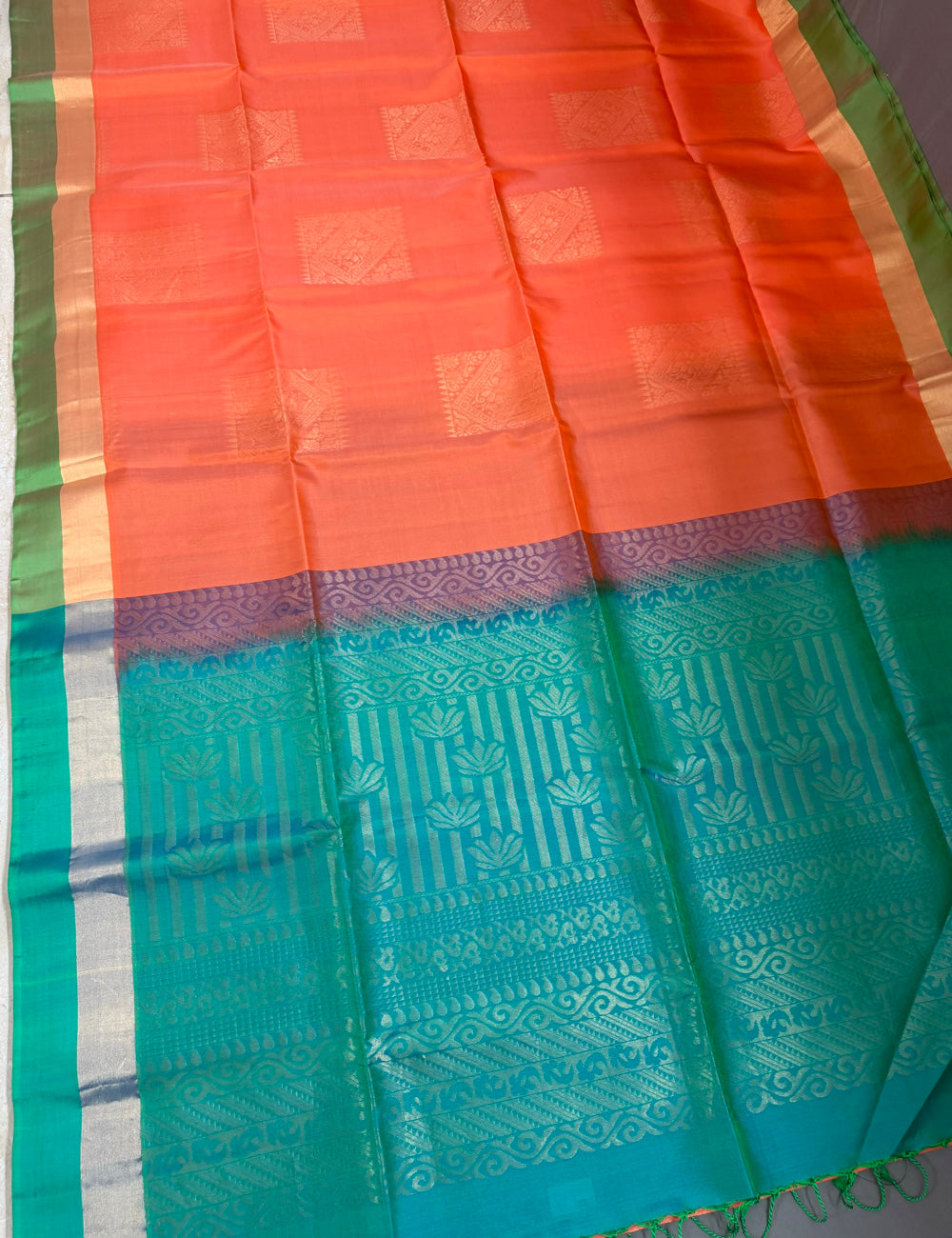 Coral Orange & Teal Blue Pure Silk Saree