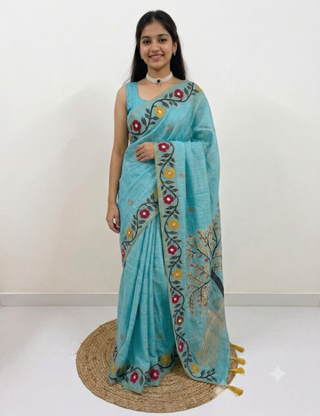💙 Elegant Aqua Blue Chanderi Cotton Saree with Floral Motif 💙