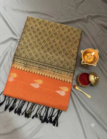 Black & Orange Pure Soft Silk Saree with Traditional Woven Design